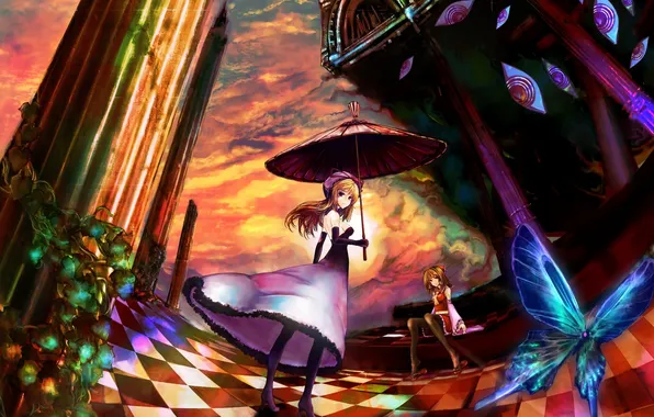 Picture eyes, clouds, girls, butterfly, umbrella, art, columns, touhou