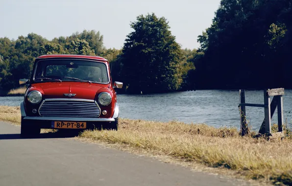 Picture road, grass, mini, day, river, cooper, mini, Cooper