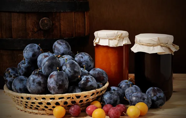 Picture fruit, still life, plum, jam