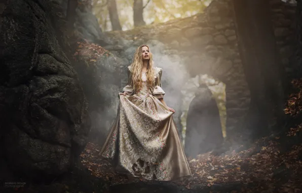 Autumn, forest, girl, pose, fog, fright, dress, Barbora