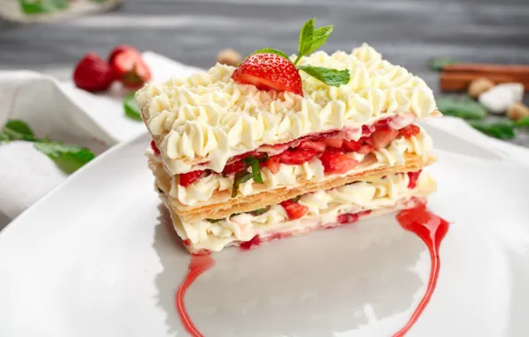 Strawberry, cake, cream, dessert