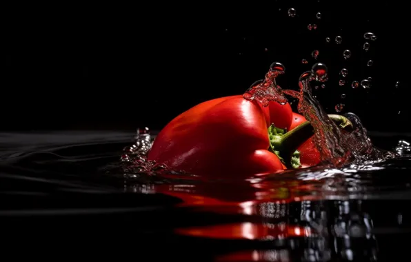 Water, squirt, red, bubbles, splash, pepper, black background, in the water