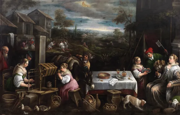 Table, people, picture, yard, life, June, genre, Francesco Bassano
