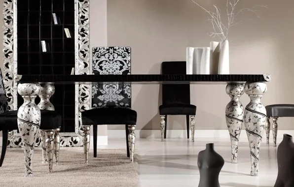 White, design, style, table, room, black and white, black, chairs