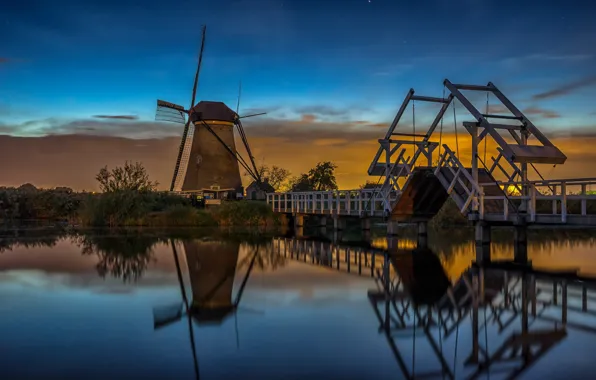 Picture bridge, channel, glow, Netherlands, windmill, Kinderdijk