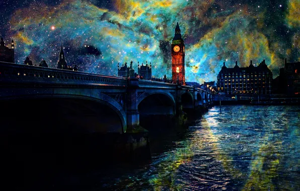 Night, bridge, Space, London