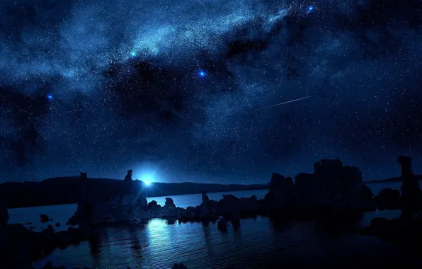 Picture the sky, stars, clouds, night, river, the moon