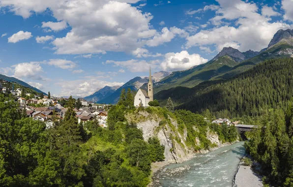 Forest, mountains, Church, houses, settlement