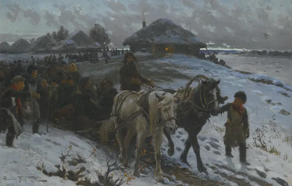 Winter, horse, sleigh, men, Alexander Vladimirovich Makovsky, LEAVING FOR THE HUNT