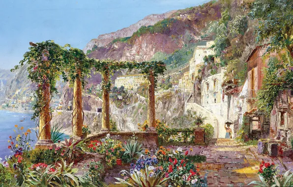 Flowers, Home, Trees, Picture, Coast, Alois Arnegger, Alois Arnegger, Austrian painter