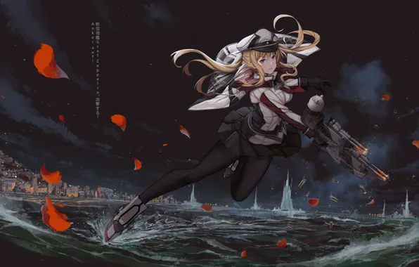 Picture kantai collection, art, girl, water, petals, anime, weapons