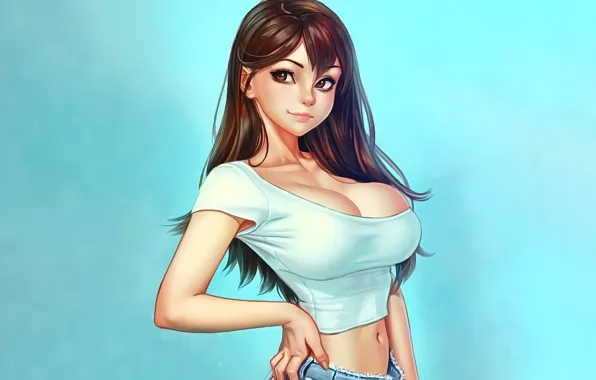 Picture girl, sexy, cleavage, long hair, brown hair, brown eyes, boobs, anime