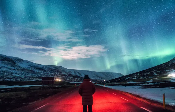 Road, man, red light, northern lights, aurora borealis
