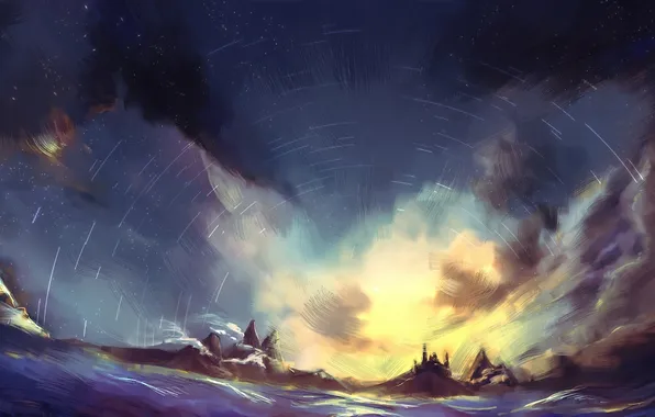 Picture sea, the sky, stars, line, landscape, rocks, art, pixiv fantasia