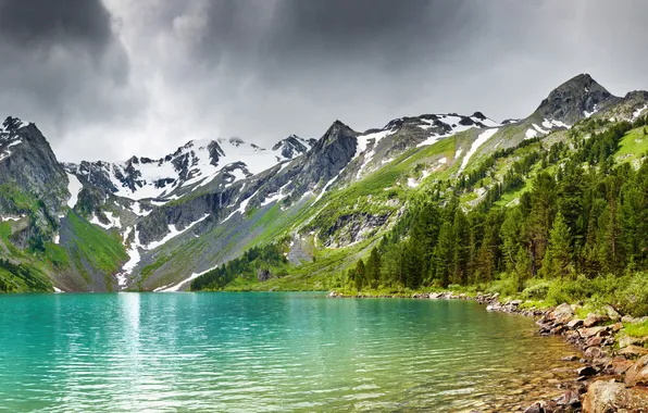 Picture water, mountains, lake, stones, photo, shore, landscapes, stone