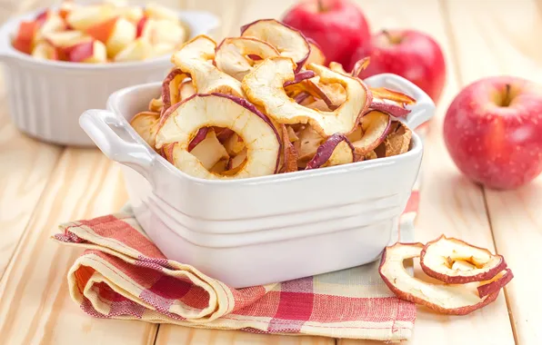 Table, apples, ring, dishes, fruit, sliced, dried