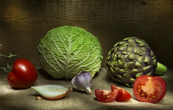 Food, bow, still life, vegetables, tomatoes, cabbage, composition, garlic