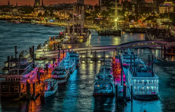 Night, lights, river, home, ships, Germany, boats, promenade