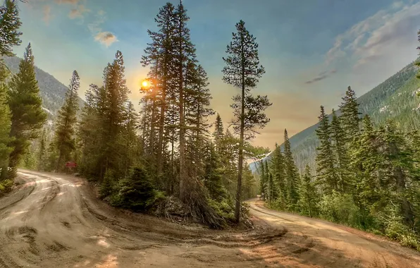 Road, mountains, morning