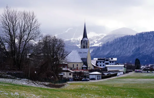 Picture mountains, fog, Austria, Church