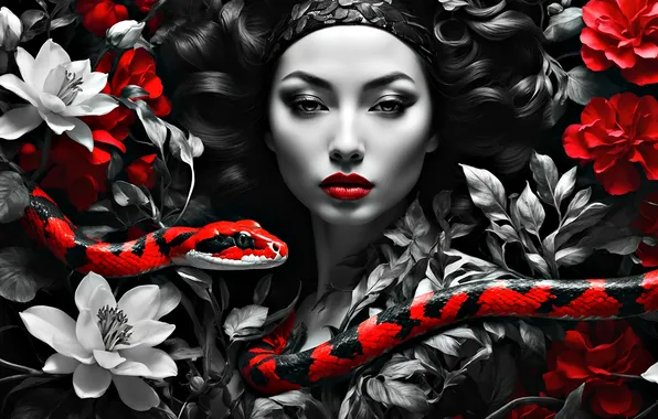 Look, girl, flowers, pose, portrait, snake, Python, Asian