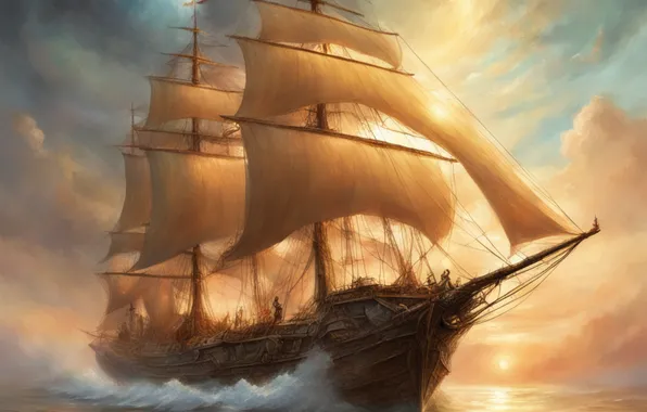 Sea, planet, ship, sailboat, fantasy, imitation painting, AI art, neural network