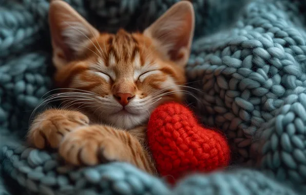 Cat, pose, kitty, red, heart, sleep, legs, red