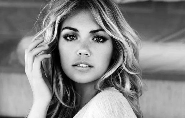 Picture eyes, model, lips, look, Kate Upton, black&ampamp;white, freckles