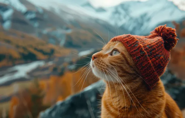 Autumn, forest, cat, cat, look, snow, mountains, nature