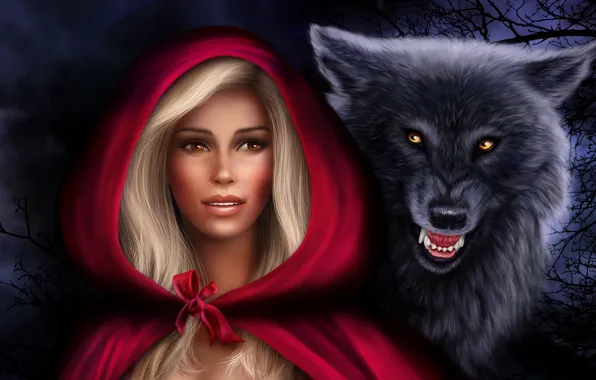 Picture girl, wolf, predator, little red riding hood, hood, Photoshop, Нelena