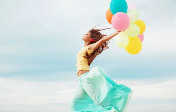 Freedom, girl, balls, smile, balloons, background, movement, widescreen