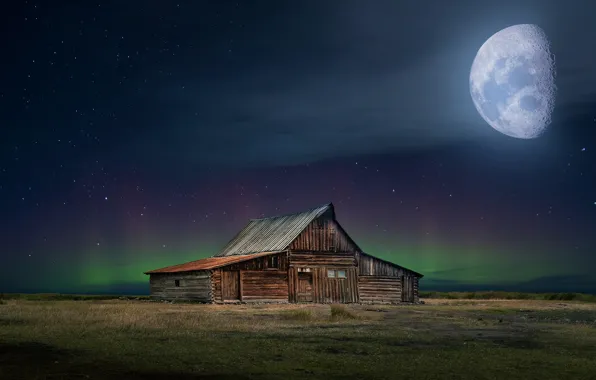 Picture field, stars, night, rendering, the moon, Northern lights, house