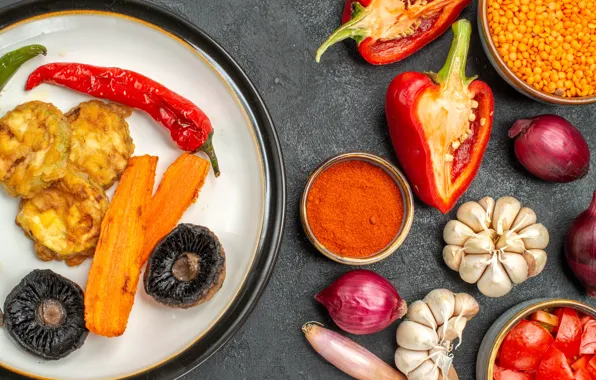 Mushrooms, food, bow, plate, pepper, vegetables, spices, garlic