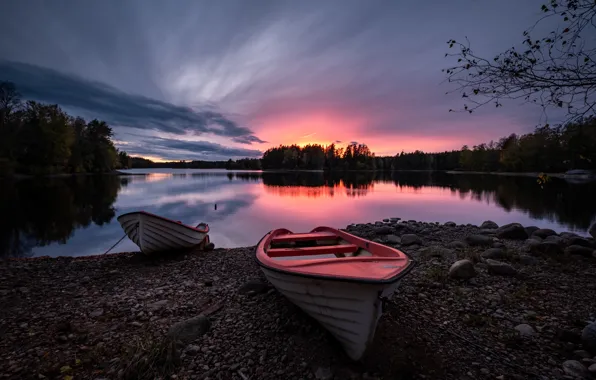Forest, sunset, river, boats, Sweden