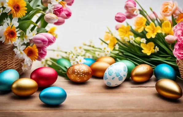 Flowers, eggs, spring, colorful, Easter, happy, flowers, spring