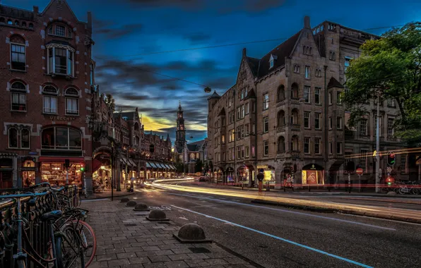 Road, bridge, building, Amsterdam, Netherlands, night city, Amsterdam, Netherlands