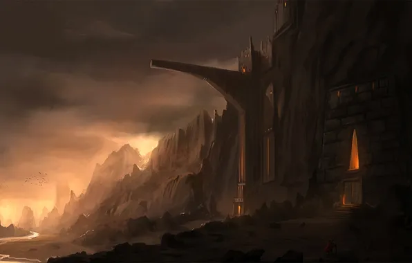 Mountains, river, castle, art, fortress, traveler, blinck, scaly