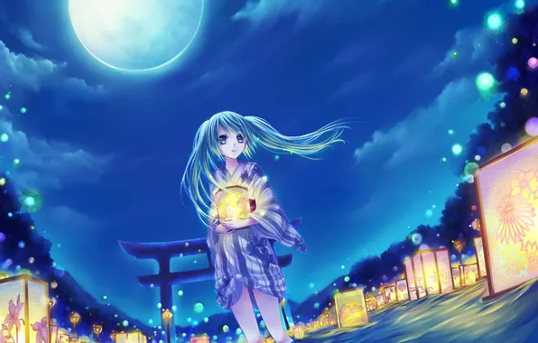 Picture the sky, water, clouds, trees, night, nature, the moon, anime
