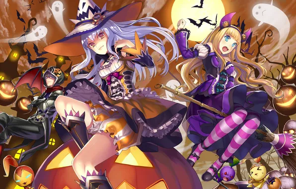 Joy, night, girls, holiday, pumpkin, guy, demons, art