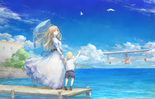 Picture girl, lake, the plane, emotions, the wind, umbrella, boy, pier