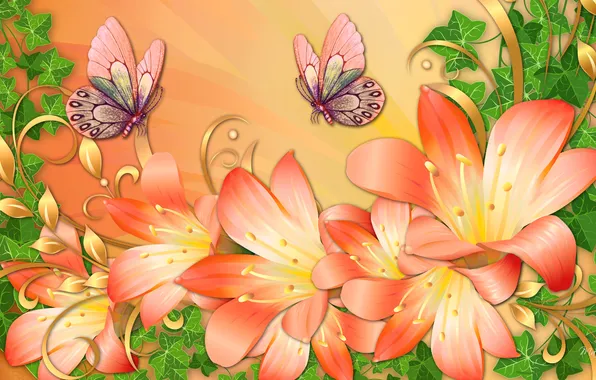 Leaves, flowers, butterfly, figure, Lily, vector, petals, moth
