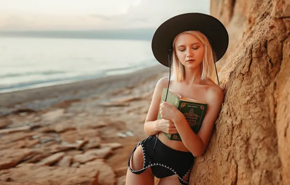 Sea, book, sea, beautiful girl, book, beautiful girl, closed eyes, black hat