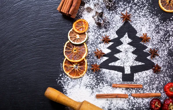Tree, orange, New Year, Christmas, cinnamon, merry christmas, flour, decoration
