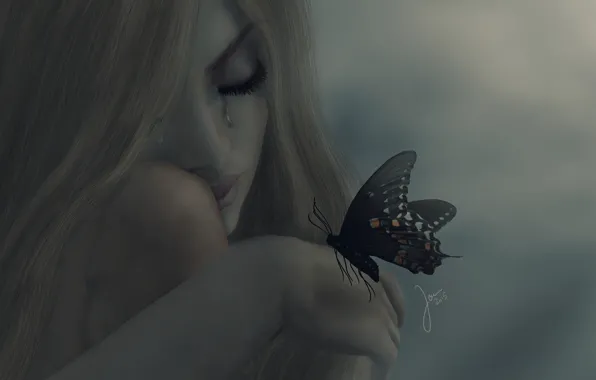 Girl, mood, butterfly, tears, blonde