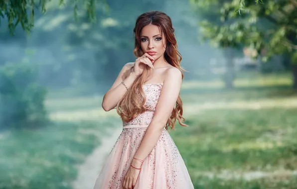 Look, girl, pose, portrait, hands, makeup, dress, bokeh