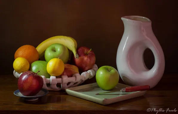 Style, background, apples, knife, pitcher, fruit, still life, banana