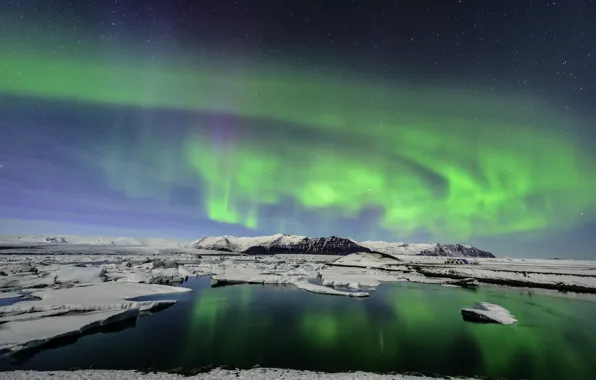 Mountains, Northern lights, ice, ice, Iceland, Iceland, Glacial Lagoon