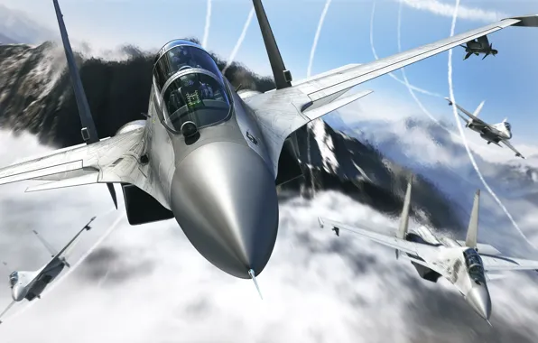 The sky, clouds, mountains, fighter, the plane, art, Su-30, Flanker-C
