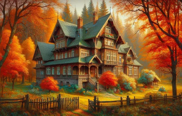 Autumn, forest, house, bright colors, Terem, AI art, neural network, a cozy little world