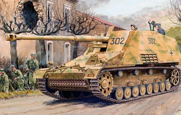 Figure, art, Rhino, SAU, German self-propelled artillery, Nashorn, 8.8 cm PaK 43/1 on protections III/IV …